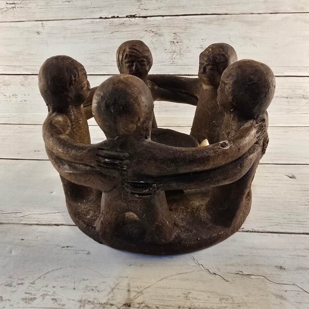 Vintage Circle of Friends Candle Holder Clay Folk Art Pottery Sculpture 5 People